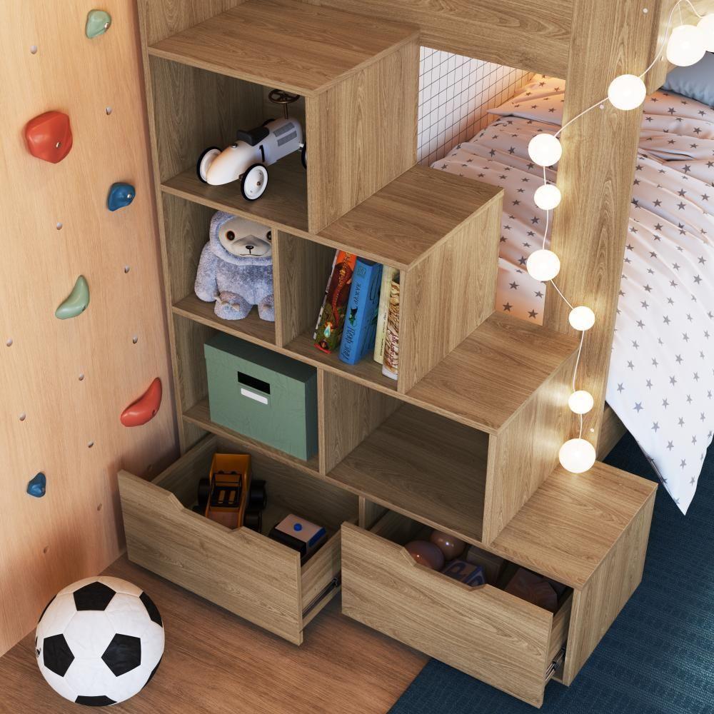 Cama Beliche Infantil Bicama Menino Menina 2,32m Com Escada, Nichos E Gavetas Com Rodas Aveiro Oak - 2