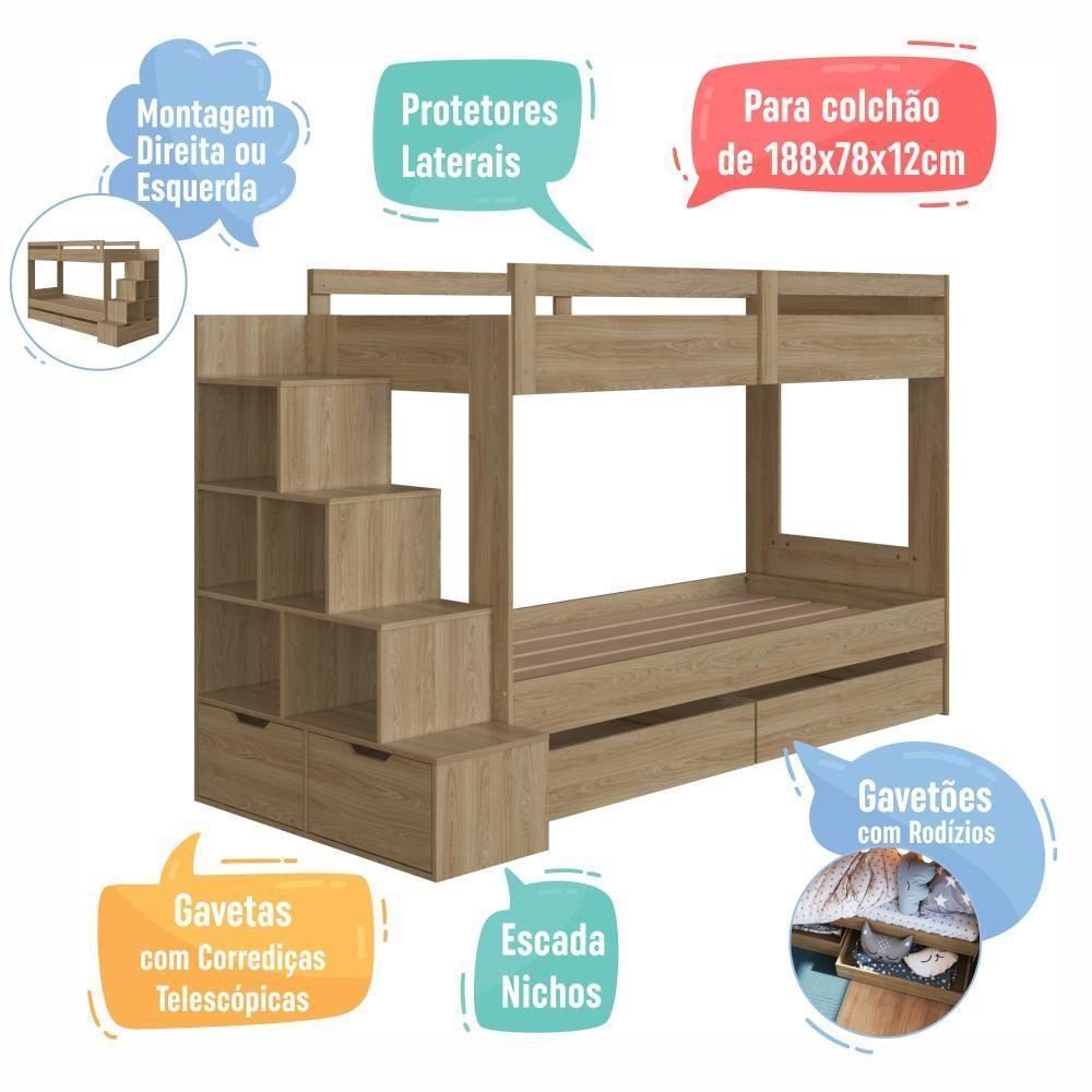 Cama Beliche Infantil Bicama Menino Menina 2,32m Com Escada, Nichos E Gavetas Com Rodas Aveiro Oak - 4