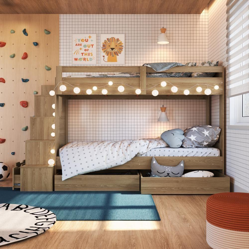 Cama Beliche Infantil Bicama Menino Menina 2,32m Com Escada, Nichos E Gavetas Com Rodas Aveiro Oak - 9