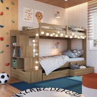Cama Beliche Infantil Bicama Menino Menina 2,32m Com Escada, Nichos E Gavetas Com Rodas Aveiro Oak - 1