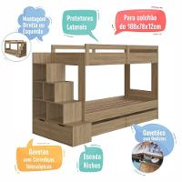 Cama Beliche Infantil Bicama Menino Menina 2,32m Com Escada, Nichos E Gavetas Com Rodas Aveiro Oak