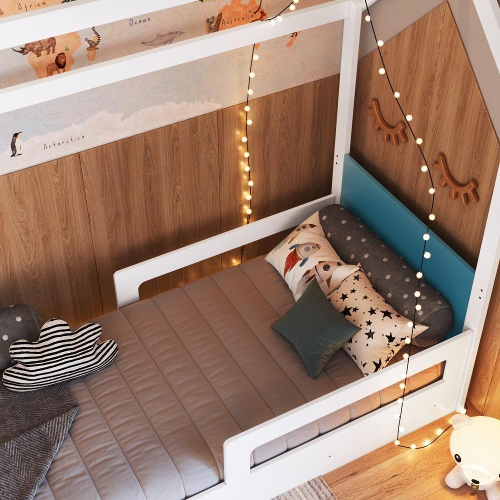 Cama Infantil Montessoriana Casinha Solteiro Menino Menina Com Proteção Lateral E Gavetas Com Rodas Branco Com Azul - 2