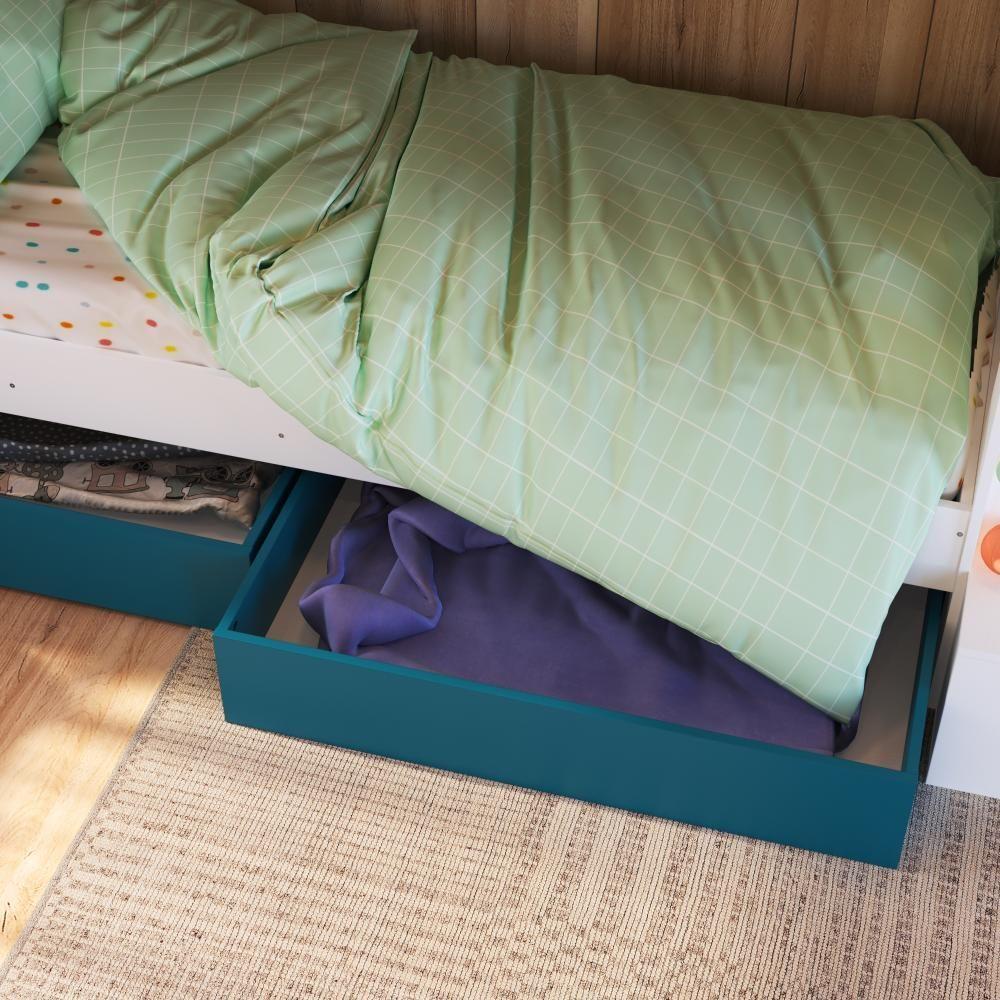 Cama Infantil Montessoriana Casinha Solteiro Menino Menina Com Proteção Lateral E Gavetas Com Rodas Branco Com Azul - 3