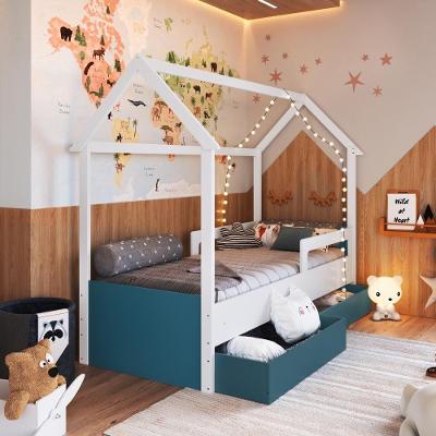 Cama Infantil Montessoriana Casinha Solteiro Menino Menina Com Proteção Lateral E Gavetas Com Rodas Branco Com Azul