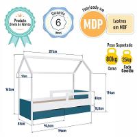 Cama Infantil Montessoriana Casinha Solteiro Menino Menina Com Proteção Lateral E Gavetas Com Rodas Branco Com Azul - 6