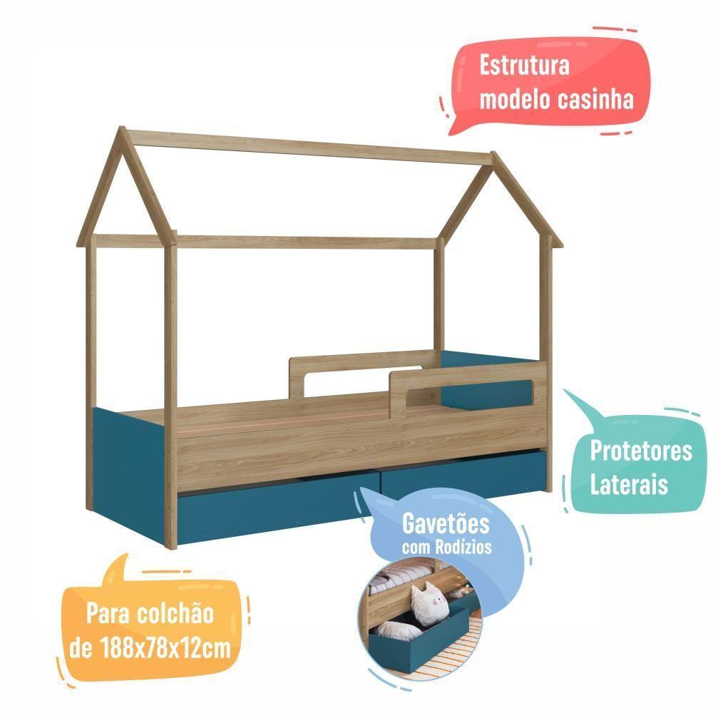 Cama Infantil Montessoriana Casinha Solteiro Menino Menina Com Proteção Lateral E Gavetas Com Rodas Aveiro Com Azul - 5
