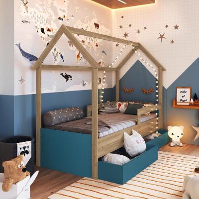 Cama Infantil Montessoriana Casinha Solteiro Menino Menina Com Proteção Lateral E Gavetas Com Rodas Aveiro Com Azul