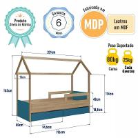 Cama Infantil Montessoriana Casinha Solteiro Menino Menina Com Proteção Lateral E Gavetas Com Rodas Aveiro Com Azul - 6