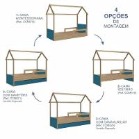 Cama Infantil Montessoriana Casinha Solteiro Menino Menina Com Proteção Lateral E Gavetas Com Rodas Aveiro Com Azul - 8