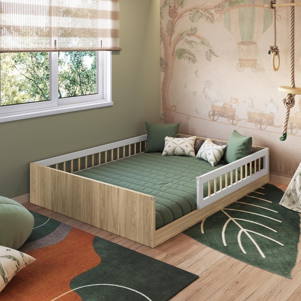 Cama Casal De Chão Infantil Montessoriana Menino Menina 194cm Com Grade De Proteção Aveiro Oak - 1