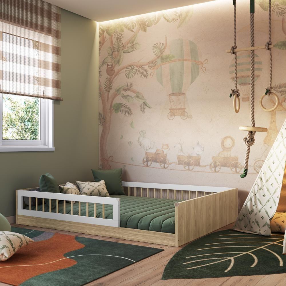 Cama Casal De Chão Infantil Montessoriana Menino Menina 194cm Com Grade De Proteção Aveiro Oak - 2