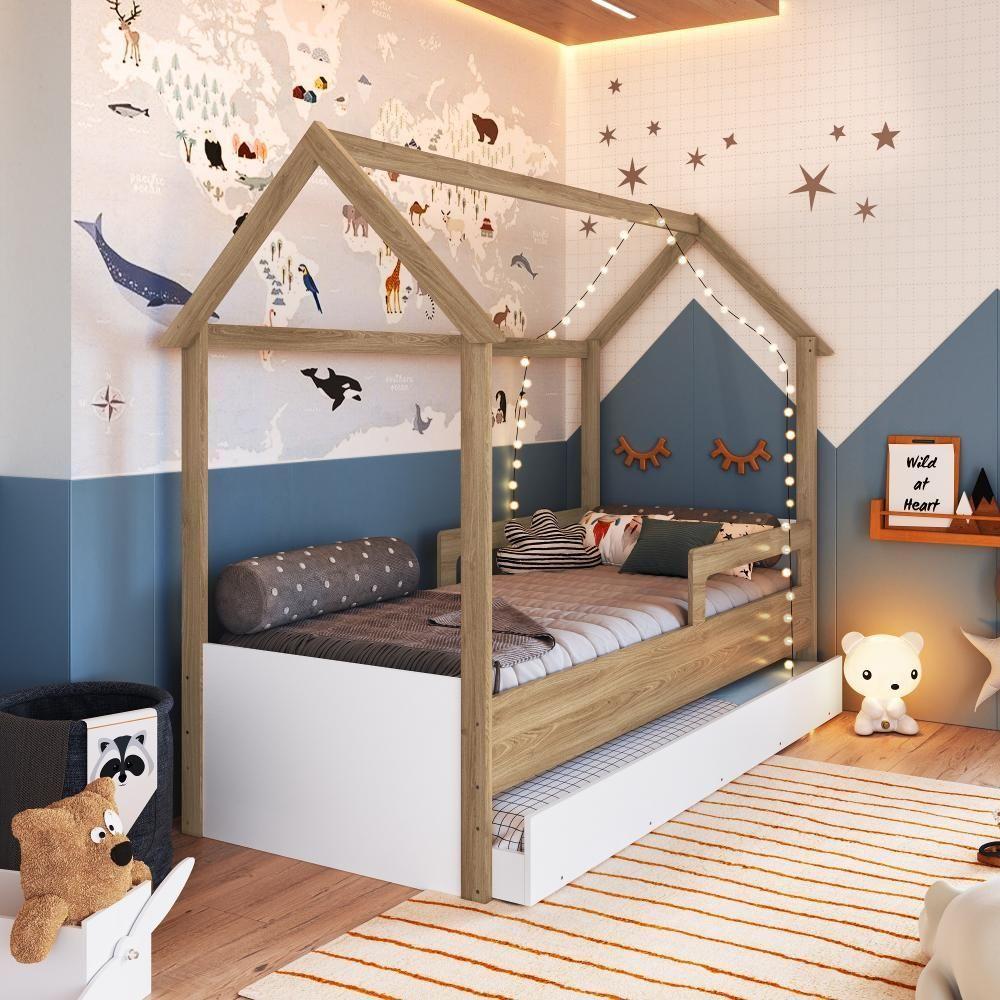 Cama Infantil Montessoriana Bicama Casinha Solteiro Menino Menina Proteção Lateral E Cama Auxiliar Aveiro Oak Com Branco - 1