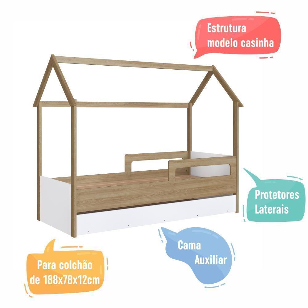 Cama Infantil Montessoriana Bicama Casinha Solteiro Menino Menina Proteção Lateral E Cama Auxiliar Aveiro Oak Com Branco - 6