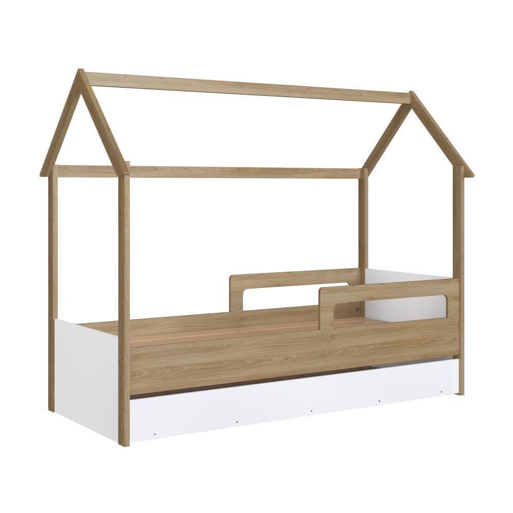 Cama Infantil Montessoriana Bicama Casinha Solteiro Menino Menina Proteção Lateral E Cama Auxiliar Aveiro Oak Com Branco - 10