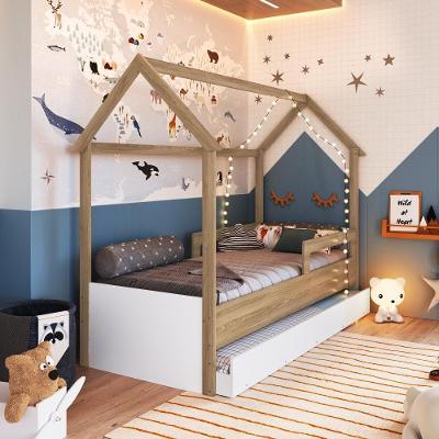 Cama Infantil Montessoriana Bicama Casinha Solteiro Menino Menina Proteção Lateral E Cama Auxiliar Aveiro Oak Com Branco