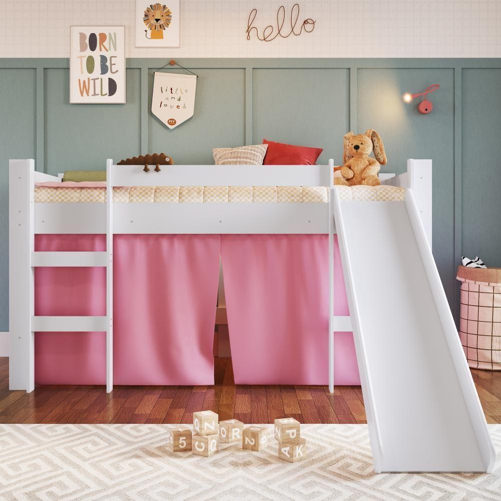 Cama Infantil Elevada Casinha Menino Menina Solteiro 202cm Com Escada E Escorregador Branco Com Rosa - 2