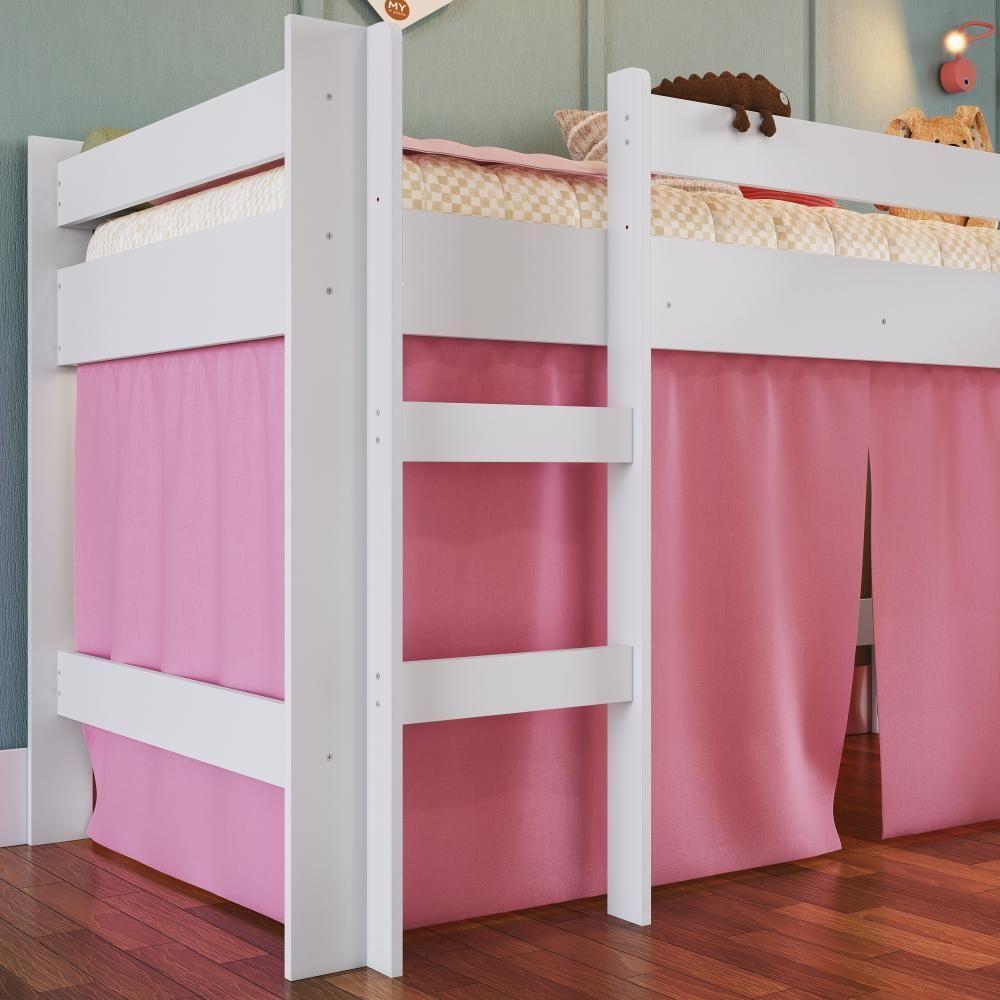 Cama Infantil Elevada Casinha Menino Menina Solteiro 202cm Com Escada E Escorregador Branco Com Rosa - 3