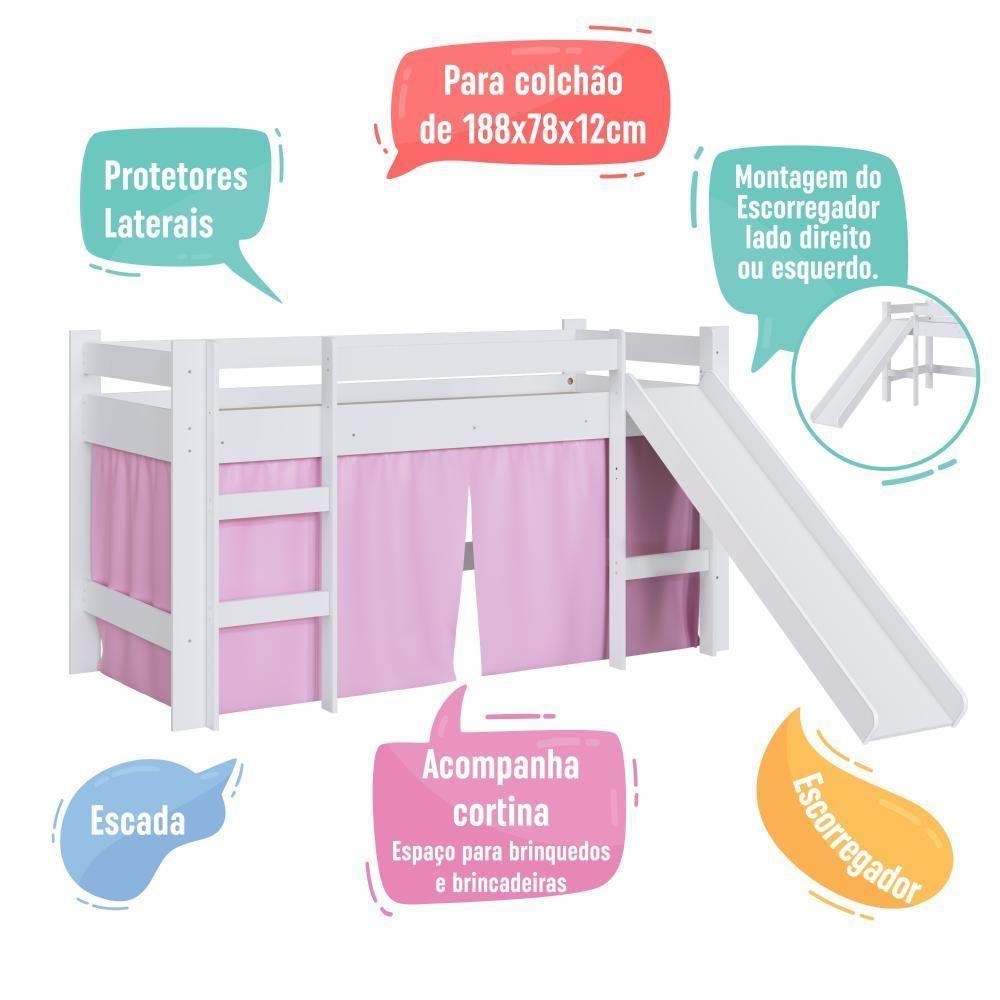 Cama Infantil Elevada Casinha Menino Menina Solteiro 202cm Com Escada E Escorregador Branco Com Rosa - 6