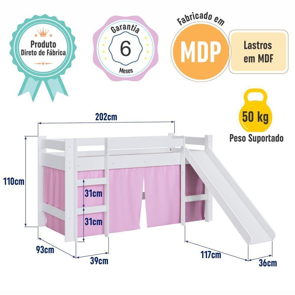 Cama Infantil Elevada Casinha Menino Menina Solteiro 202cm Com Escada E Escorregador Branco Com Rosa - 8