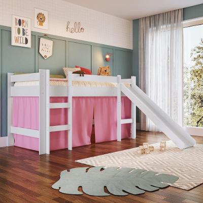 Cama Infantil Elevada Casinha Menino Menina Solteiro 202cm Com Escada E Escorregador Branco Com Rosa