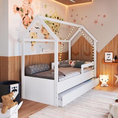 Cama Infantil Montessoriana Bicama Casinha Solteiro Menino Menina Com Proteção Lateral E Cama Auxiliar Branco