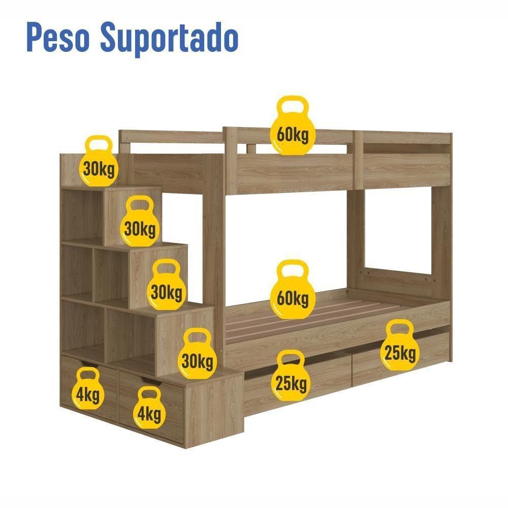 Cama Beliche Infantil Bicama Menino Menina 2,32m Com Escada, Nichos E Gavetas Com Rodas Aveiro Oak - 5