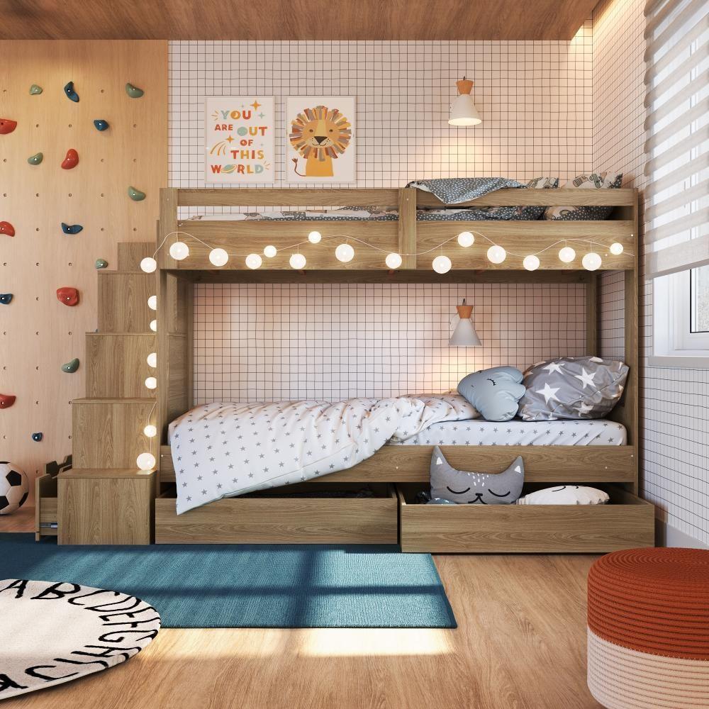 Cama Beliche Infantil Bicama Menino Menina 2,32m Com Escada, Nichos E Gavetas Com Rodas Aveiro Oak - 10