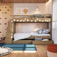 Cama Beliche Infantil Bicama Menino Menina 2,32m Com Escada, Nichos E Gavetas Com Rodas Aveiro Oak - 10