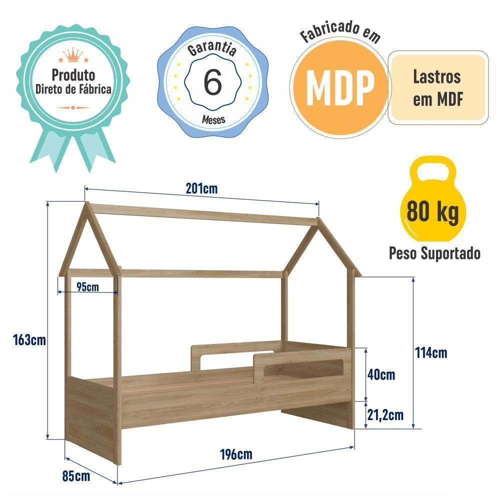 Cama Infantil Montessoriana Casinha Menino Menina Solteiro Com Proteção Lateral Aveiro Oak - 7