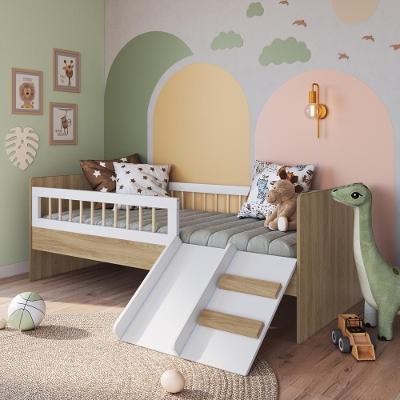 Cama Infantil Montessoriana De Solteiro Menino Menina Com Escada Escorregador E Grade De Proteção Aveiro Com Branco