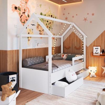 Cama Infantil Montessoriana Casinha Solteiro Menino Menina Com Proteção Lateral E Gavetas Com Rodas Branca
