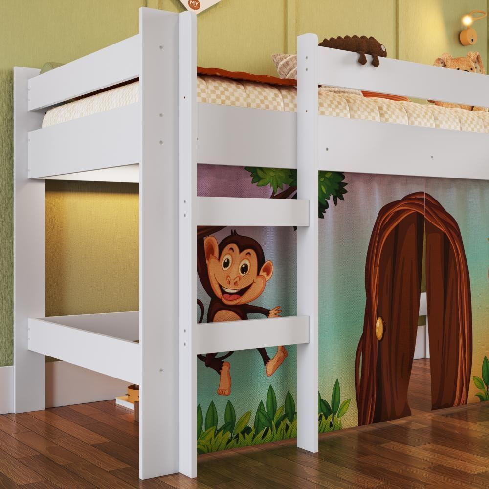 Cama Infantil Elevada Menino Menina Solteiro 202cm Com Degrau E Escorregador Branca Com Estampada Zoo - 3