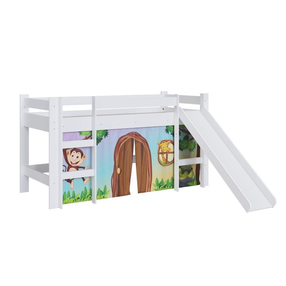 Cama Infantil Elevada Menino Menina Solteiro 202cm Com Degrau E Escorregador Branca Com Estampada Zoo - 5