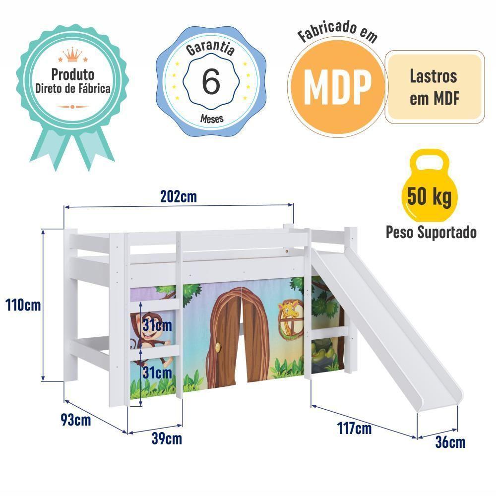 Cama Infantil Elevada Menino Menina Solteiro 202cm Com Degrau E Escorregador Branca Com Estampada Zoo - 8