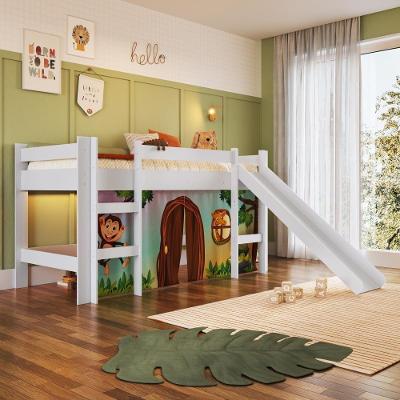 Cama Infantil Elevada Menino Menina Solteiro 202cm Com Degrau E Escorregador Branca Com Estampada Zoo