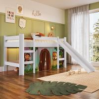 Cama Infantil Elevada Menino Menina Solteiro 202cm Com Degrau E Escorregador Branca Com Estampada Zoo - 1