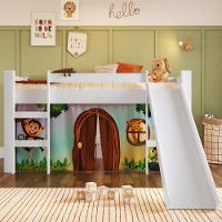 Cama Infantil Elevada Menino Menina Solteiro 202cm Com Degrau E Escorregador Branca Com Estampada Zoo - 2