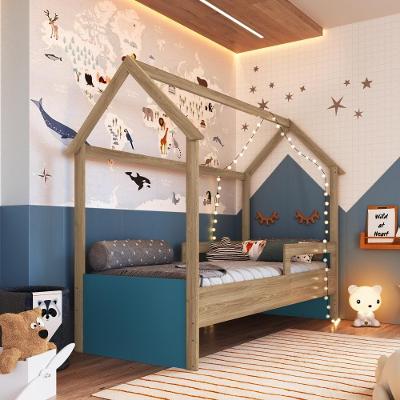 Cama Infantil Montessoriana Casinha Menino Menina Solteiro Com Proteção Lateral Aveiro Com Azul