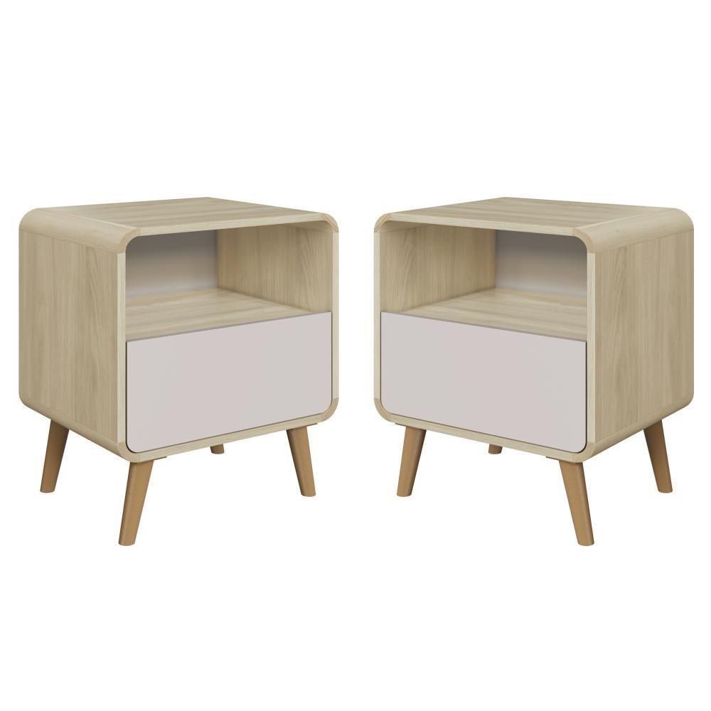 Kit Conjunto 02 Mesas De Cabeceira Canto Curvo Com Nicho 01 Gaveta E Pés Palito Retrô Carvalho Araguaia - 1