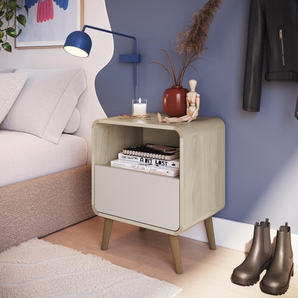 Kit Conjunto 02 Mesas De Cabeceira Canto Curvo Com Nicho 01 Gaveta E Pés Palito Retrô Carvalho Araguaia - 2