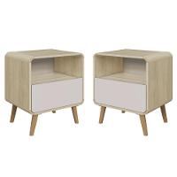 Kit Conjunto 02 Mesas De Cabeceira Canto Curvo Com Nicho 01 Gaveta E Pés Palito Retrô Carvalho Araguaia - 1