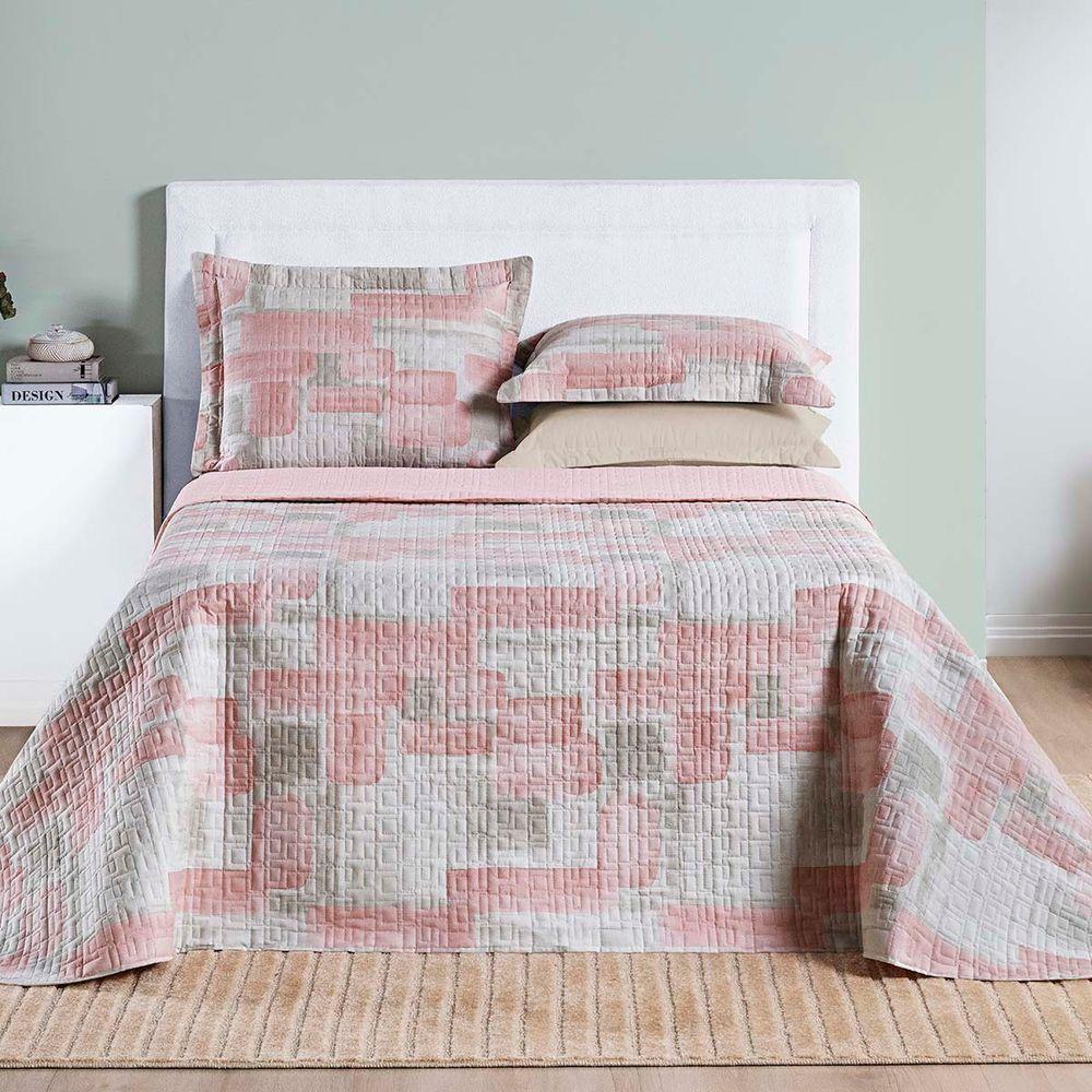 Kit Cobre Leito Colcha Maris Queen Estampado Dupla Face Percalle 200 Fios 3 Peças Quadri Rosê - 2