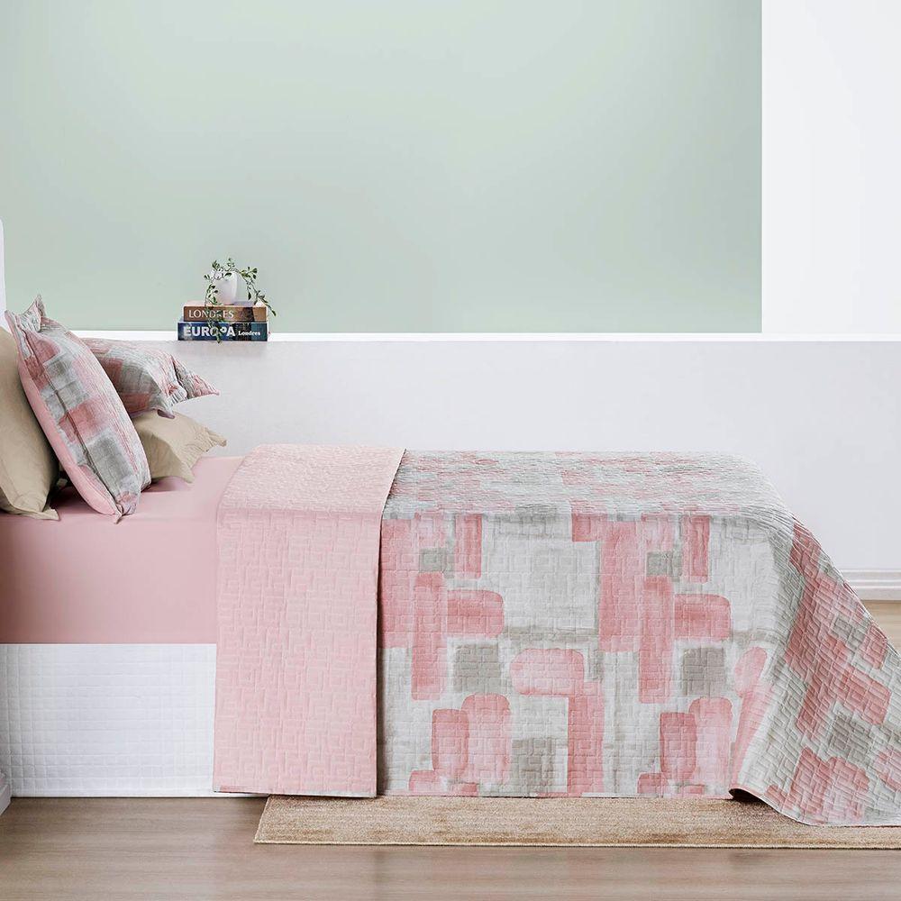Kit Cobre Leito Colcha Maris Queen Estampado Dupla Face Percalle 200 Fios 3 Peças Quadri Rosê - 3