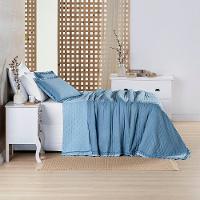 Kit Cobre Leito Colcha Vitta King Matelado C/ Babadinhos 200 Fios 3 Peças Azul - 100% Poliéster - 3