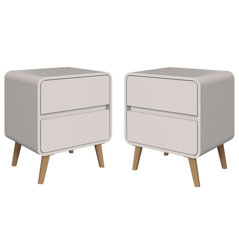 Kit Conjunto 02 Mesas De Cabeceira Canto Curvo Com 02 Gavetas E Pés Palito Retrô Bege Dunas - 1