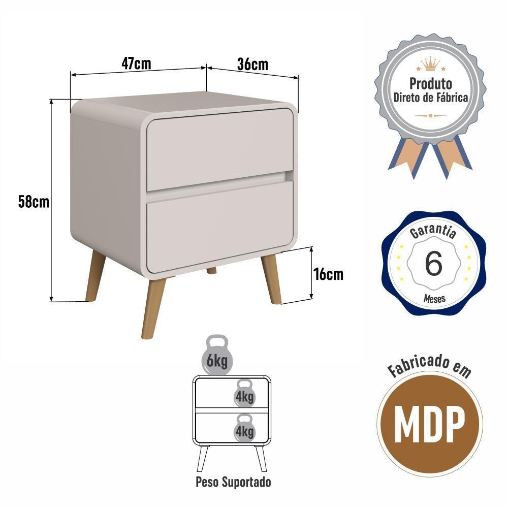 Kit Conjunto 02 Mesas De Cabeceira Canto Curvo Com 02 Gavetas E Pés Palito Retrô Bege Dunas - 7