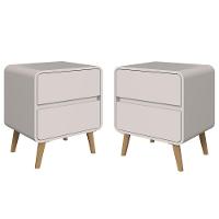 Kit Conjunto 02 Mesas De Cabeceira Canto Curvo Com 02 Gavetas E Pés Palito Retrô Bege Dunas - 1