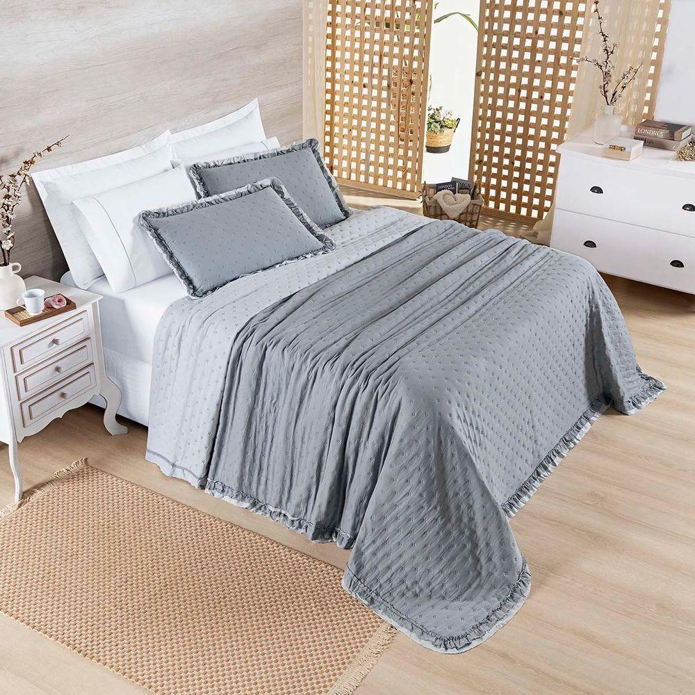 Kit Cobre Leito Colcha Vitta Casal Padrão Matelado C/ Babadinhos 200 Fios 3 Peças Cinza - 100% Poliéster - 2