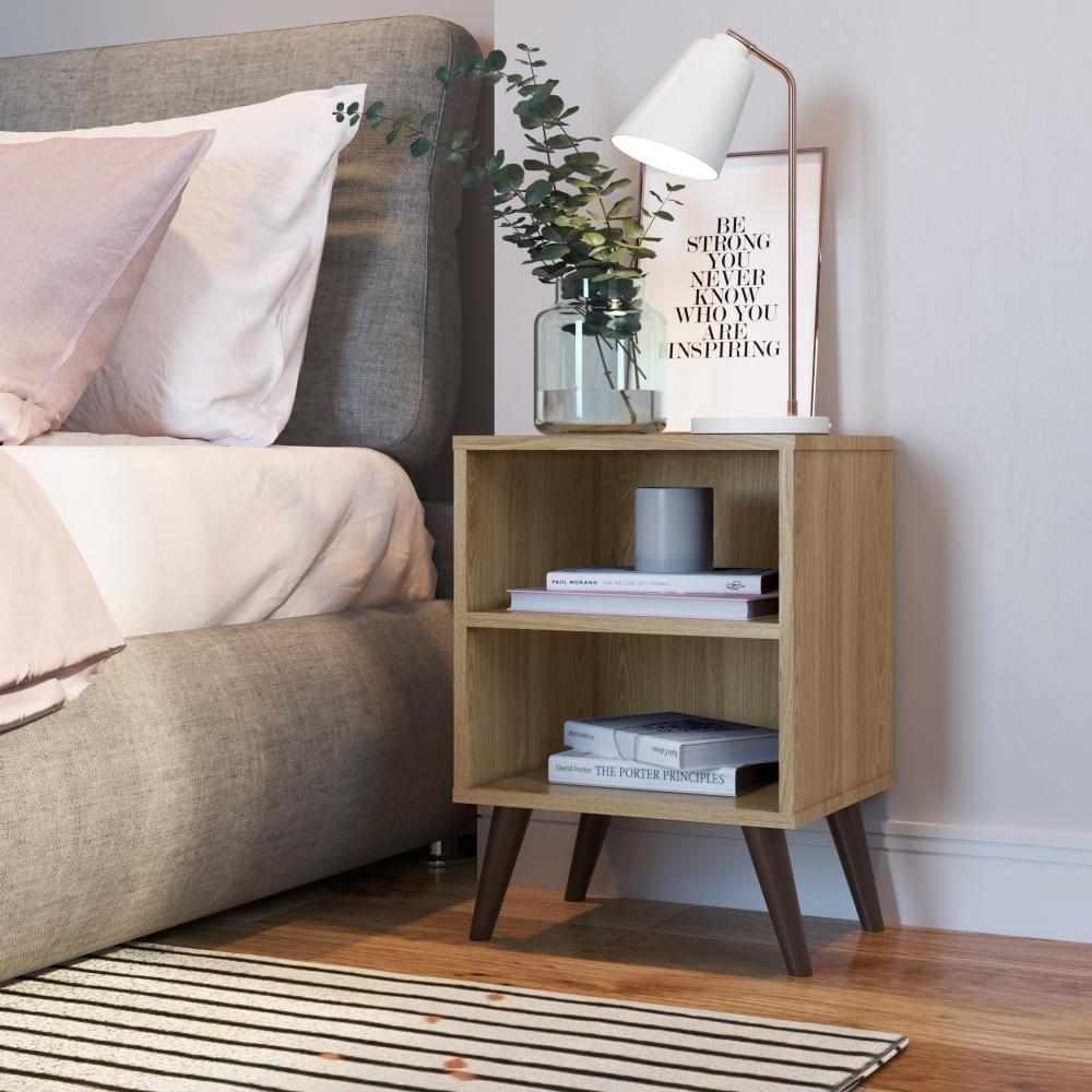 Kit 02 Mesa De Cabeceira Nicho 39cm Com Prateleira E Pés Palito Retrô Oak - 2