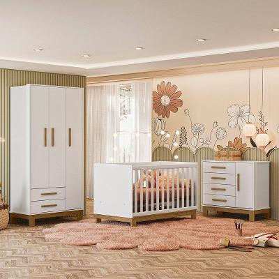 Conjunto Quarto De Bebê Qencanto Slim Qmovi - Berço, Guarda-roupa E Cômoda Branco Acetinado